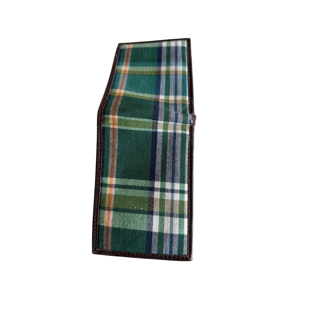 Bifold Wallet‎ Green Plaid Fabric Brown Genuine Leather 6 Card Slots - Picture 5 of 5